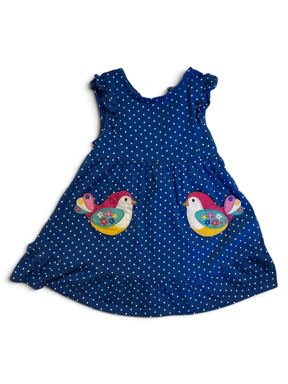 JoJo Maman Bebe Blue Polka Dot Bird Pocket Dress 18-24 Months